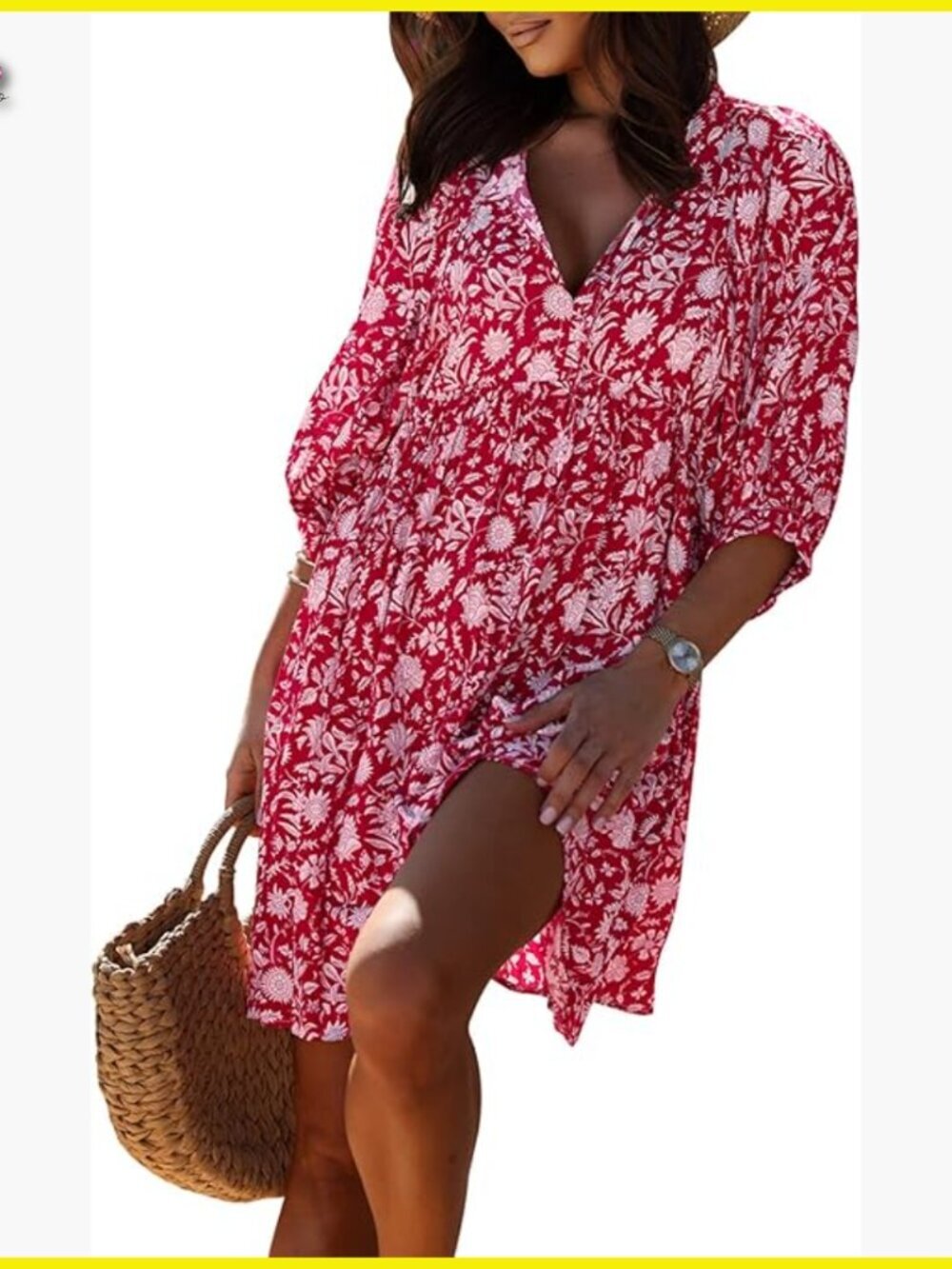 Bohemian Floral Mini Tunic Dress V Neck Half Sleeve Casual Summer Chic